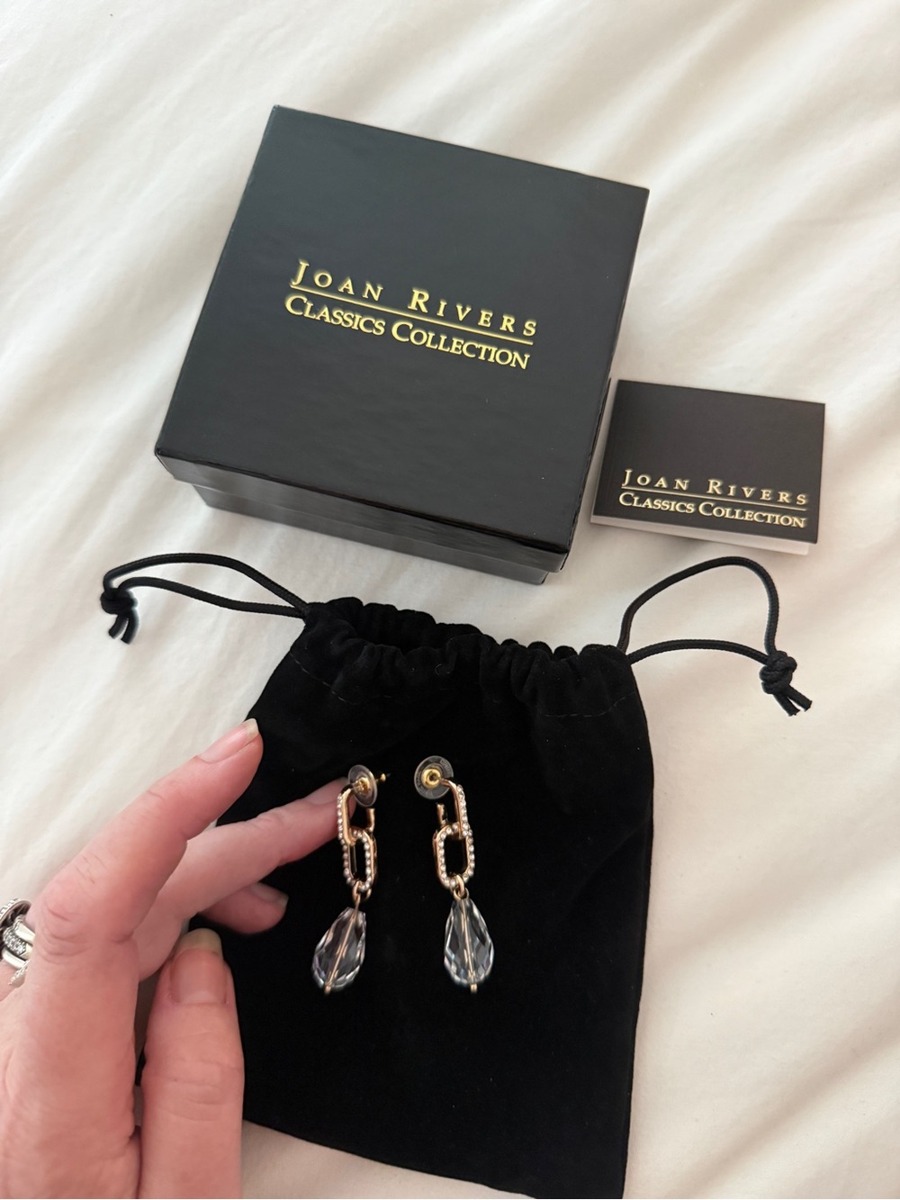 NIB Joan Rivers Gold Tone Clear Crystal Teardrop Dangle Earrings Rhinestone
